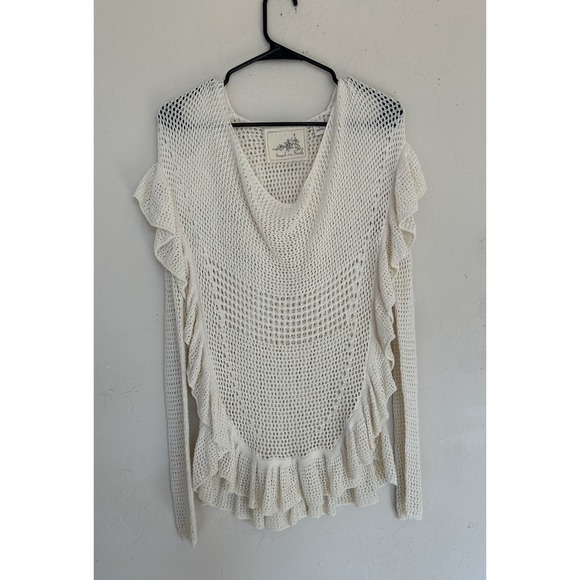 Anthropologie Sweaters - Angel Of The North Anthropologie Cream Open Knit S Ruffle Sweater Cottagecore